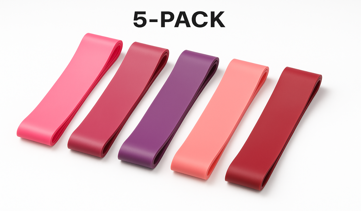 5 pack of latex resistance bands that are the colors pink, dark pink, purple, salmon, maroon