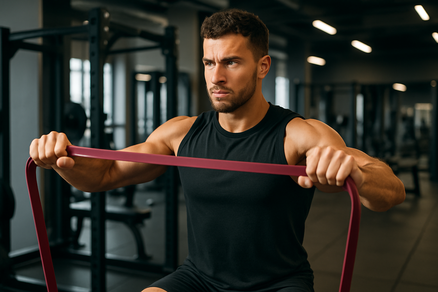 generate a photo of a man training with the maroon resistance band